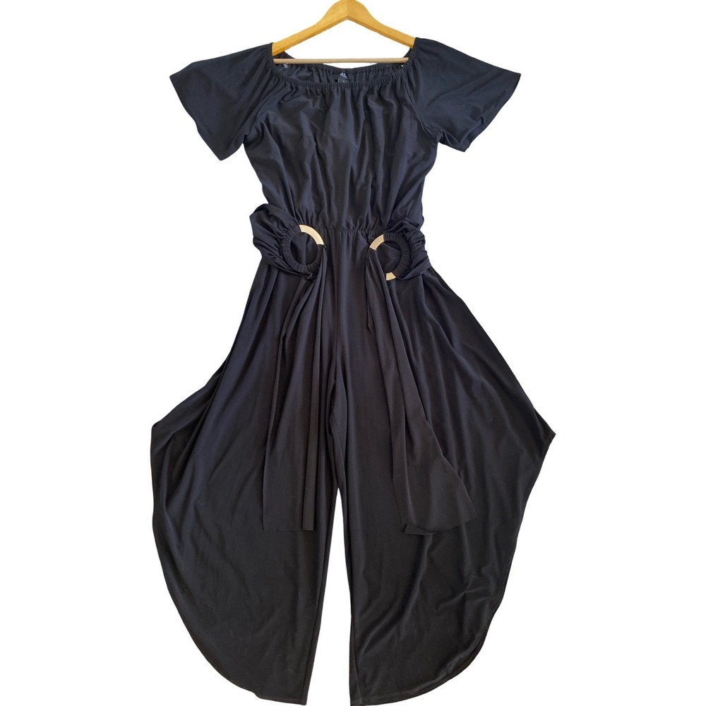 MSK Black Harem Jumpsuit Gold Ring Waist Draped Leg Large Chic Minimalist Dressy - Picture 2 of 16